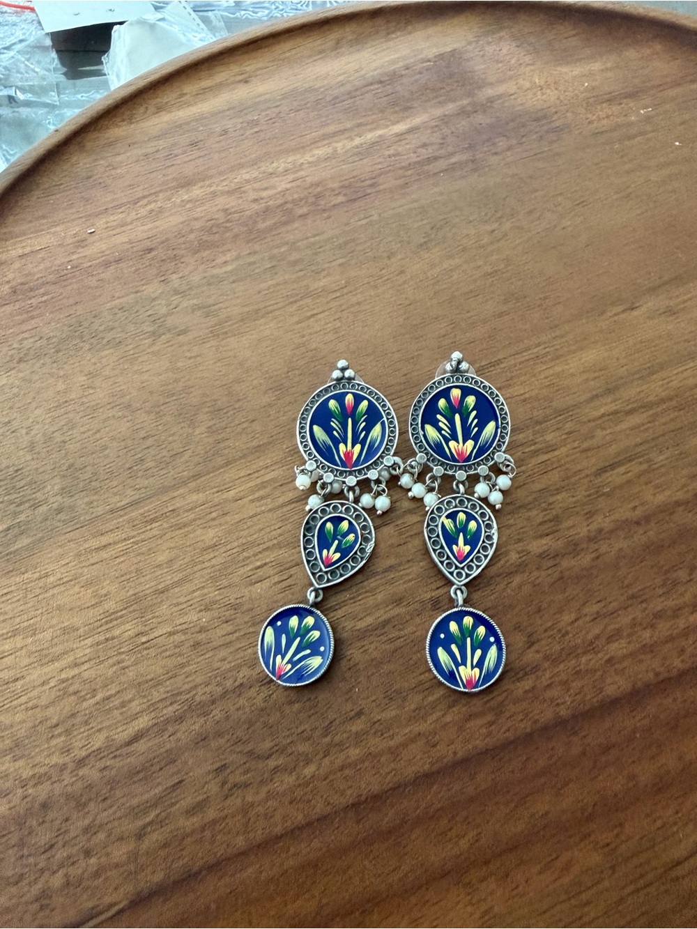 Hand-Painted Blue Floral Drop Earrings - Women Jewelry